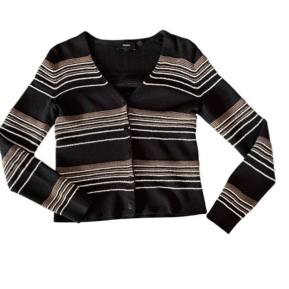Theory Women's Black Striped V-Neck Cardigan Sweater Size Small Front Button - Picture 3 of 9